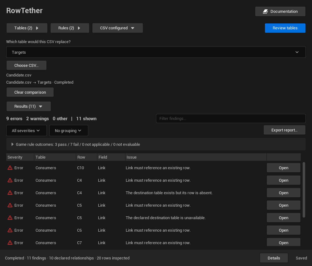 RowTether CSV comparison showing a completed impact review