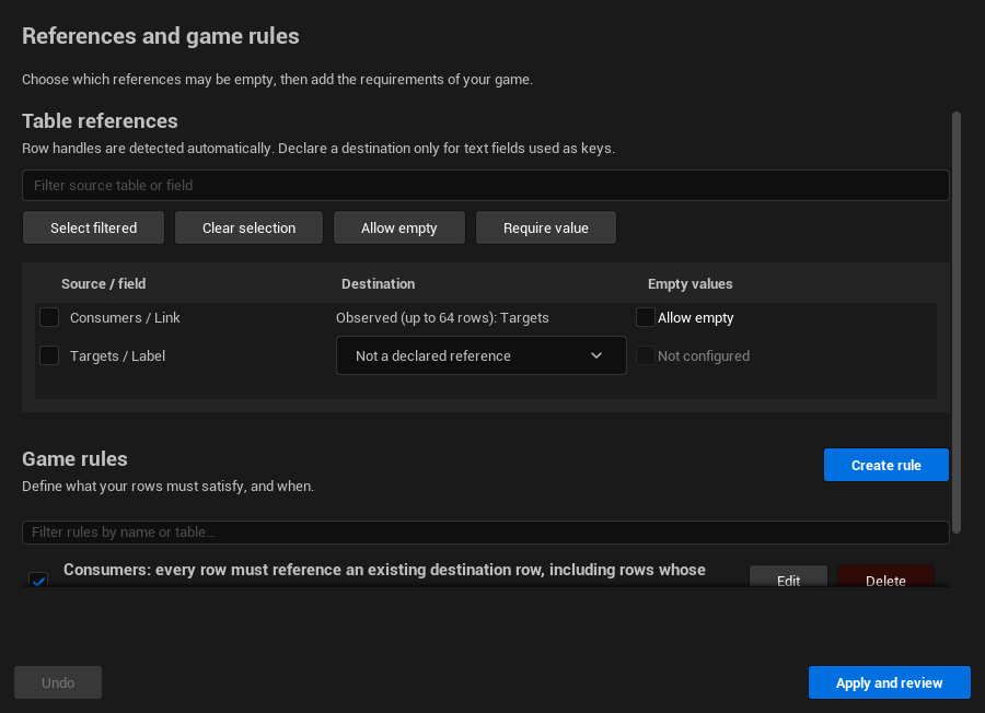 RowTether table references showing a consumer field linked to a target table